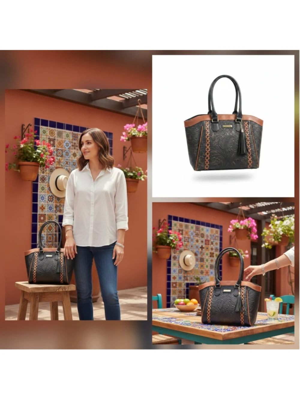 Black Brown Cross Stitch Embossed Tooled Artisan LEATHER Shoulder Bag Purse